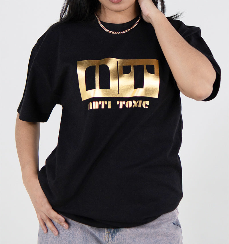 Black Premium Oversized T-Shirt | Initials in Gold Box