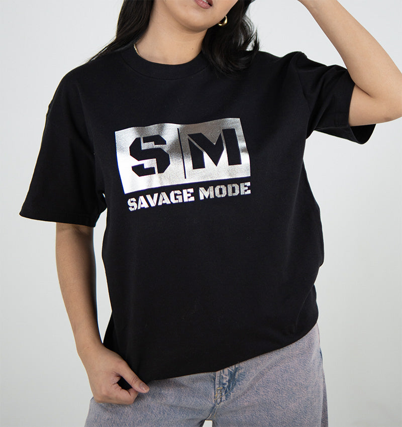 Black Premium Oversized T-Shirt | Initials in Silver Box