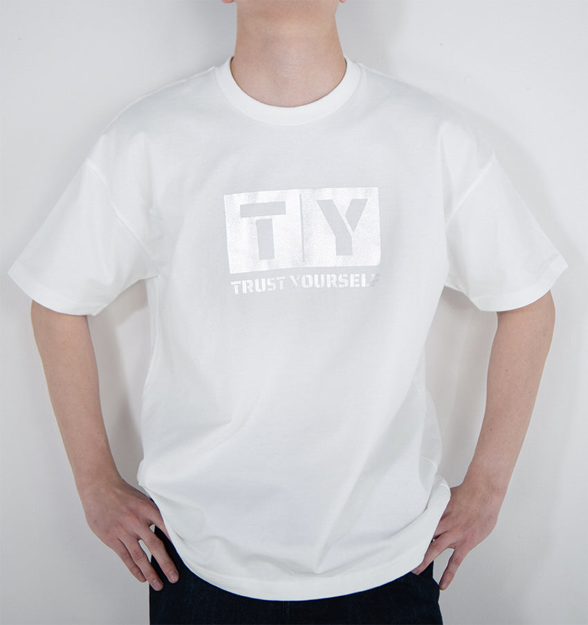 White Premium Oversized T-Shirt | Initials in Silver Box